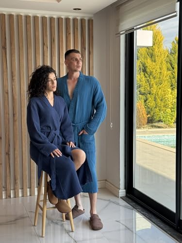 Image of Muslin Unisex Bathrobe Women & Men, 100% Cotton Kimono Lightweight Robe | Long Robes Soft, Absorbent, Spa robes