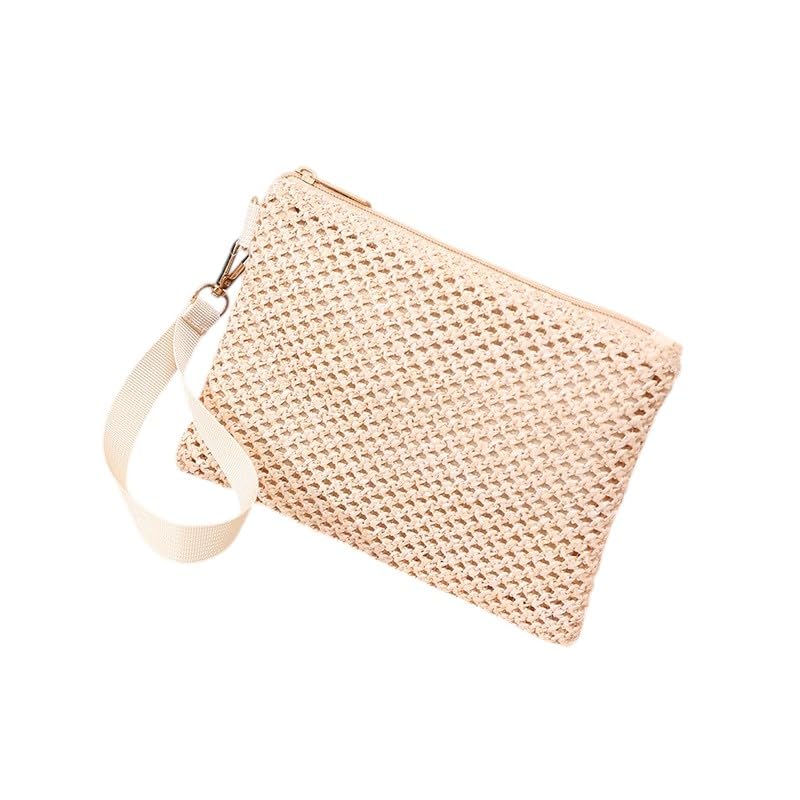 Bolsa clutch de palha para mulheres, bolsa de mão de palha boêmia pequena bolsa de praia de verão carteira de pulso com zíper bolsa pequena carteira, Bege