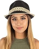 Funky Junque Women's Straw Fedora Hat for Summer Fashion, Upf50+ Sun Protection, Adjustable, Multicolor Woven Pattern - Black/Natural