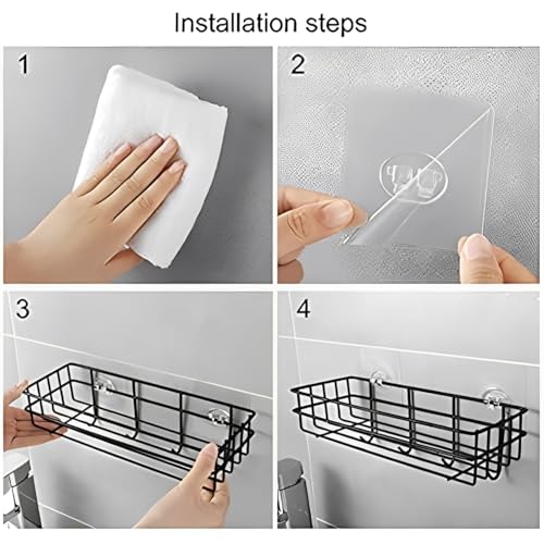 Image of Puno Heavy Duty Wall Mounted Steel Bathroom Shelf with 4 Hooks | Self-Adhesive Storage Organizer Rack | Waterproof & Rust-Resistant Wall Shelf for Kitchen, Bathroom & More (Black)