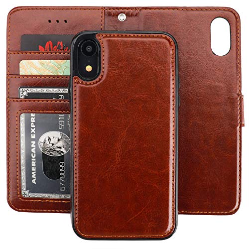 Bocasal for iPhone Xr Wallet Case with Card Holder PU Leather Magnetic Detachable Kickstand Shockproof Wrist Strap Removable Flip Cover for iPhone Xr 6.1 inch (Brown)