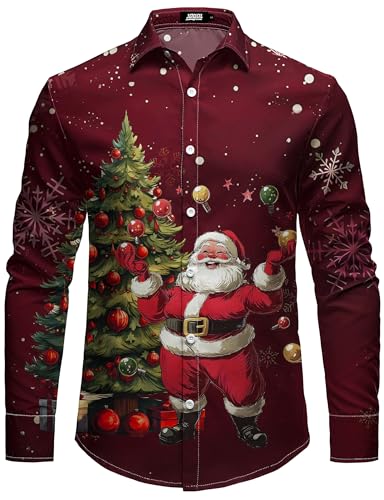 JOGAL Mens Funny Christmas Shirt Long Sleeve Santa Claus Shirts Xmas Dress Shirts for Men Wine Red X-Large