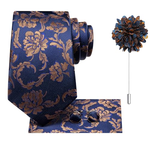 Image of Hi-Tie Mens Paisley Floral Striped Ties Set Silk Necktie and Lapel Pin for Men Pocket Square Cufflinks Set Business Wedding