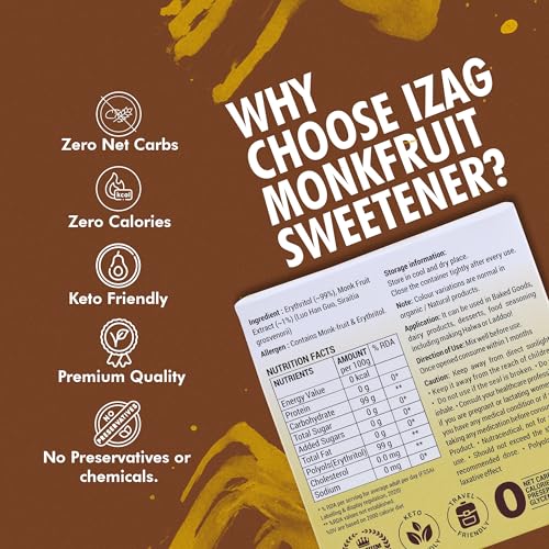 Image of iZaG Monk Fruit Natural Sweetener cystaline | Zero Calorie Sugar Alternative | Keto & Diabetic Friendly | 1:1 Sugar Replacement | 100 Single-Serve Sachets (1.2 Gram Each) | For Tea, Coffee, Cooking & Baking