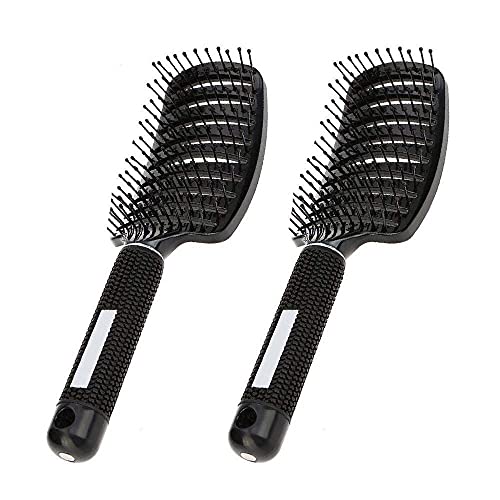 Curved and Vented Detangling Black paddle Hair Brush Perfect for Keratine for Any type of Hair 2 Pack Thick Thin Long Curly. Massage and Fast Dry with Plastic Bristles. Unisex