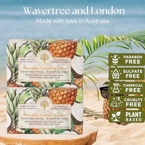 Image of Wavertree & London Pineapple, Coconut & Lime Scented Natural Soap (2 Bars), 7oz Moisturizing French Triple Milled Soap Bars enriched with shea butter - Pure Plant Oil Bath & Body Soap Bars