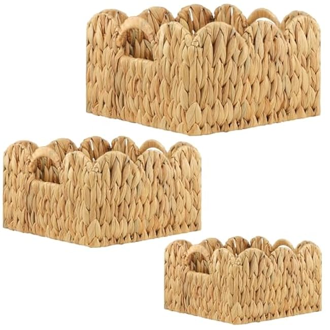 3 Pack Scalloped Edge Basket Hand Woven Wicker Storage Baskets Rattan Baskets with Handles for Organizing and Storage