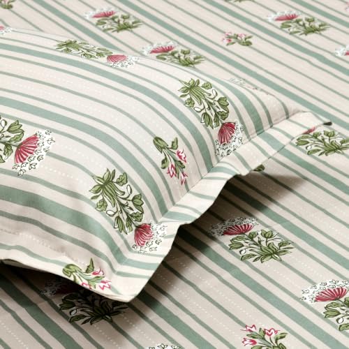 Image of Haus & Kinder Bedsheet for Double Bed King Size, King Size Bed Sheet Cotton with 2 Pillow Covers 108 Inch x 108 Inch| Premium Soft & Silky Pure Cotton 186 TC King Bedsheet | Striped Garden