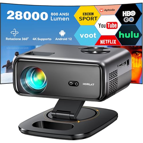 Proiettore【Android TV & Rotazione a 360 °】 Horlat Proiettore 4K Supporto WiFi 6 Bluetooth,...