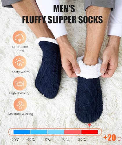 UUMIAER Slipper Socks for Men with Grippers, Mens Fuzzy Thermal Winter Cozy Fleece-Lined Warm Non-Slip Socks for Tile Floors2