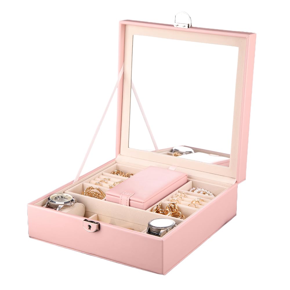 Boîte à bijoux portable rose le cadeau idéal pour femmes et filles avec miroir