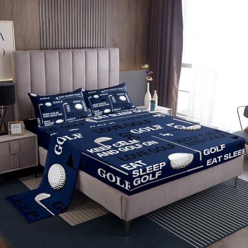 Castle Fairy Golf Boys Bed Sheets Queen Size,Golf Ball Bedding Sets 4Pcs for Kids Teens Men Room Decor,Outdoor Sports Gaming Fitted Sheet Modern Navy Blue Quilted Top Flat Sheet,2 Pillowcases