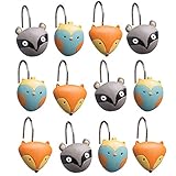 Set of 12 Forest Friends Shower Curtain Hooks Decorative Chrome Rings Kids Bath