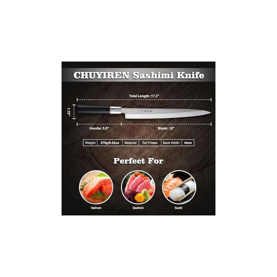 Sushi-Knife-12-inch300mm-Sashimi-Knife-with-High-Carbon-Stainless-Steel-Blade-Yanagiba-Knife-Octagonal-Ebony-Handle-Single-Bevel-Japanese-Sushi-Knife-for-Sushi-Sashimi-Fish-Filleting Sumteene Sushi Knife 12 inch(300mm), Sashimi Knife with High Carbon Stainless Steel Blade Yanagiba Knife, Octagonal Ebony Handle, Single Bevel Japanese Sushi Knife for Sushi & Sashimi, Fish Filleting