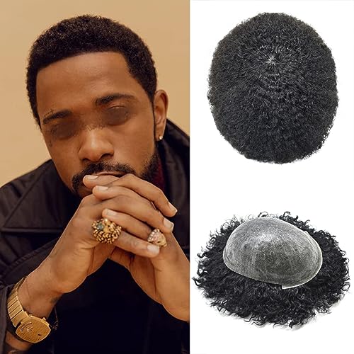 LYRICAL HAIR Afro Toupee For Black Men Afro Wave Male Wigs Full Poly Thin Skin PU Injection Replacement System Fashion Curly African American Human Hair Piece (8MM Afro Wave, 1# Jet Black)