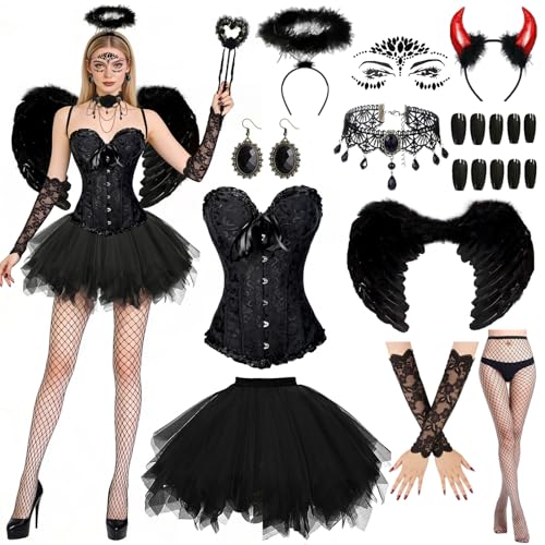 Schwarz Engel Kostüm Damen, 12 Stück Engelsflügel Schwarz Kostüm, Schwarzer Engel und Teufel Flügel Kostüm mit Schnürkorsett Top, Engel...