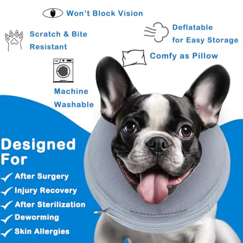 Image of Inflatable Dog Cone Collar, Soft Dog Cone Blow-up Protective Recovery Collar, Grey (L Size)