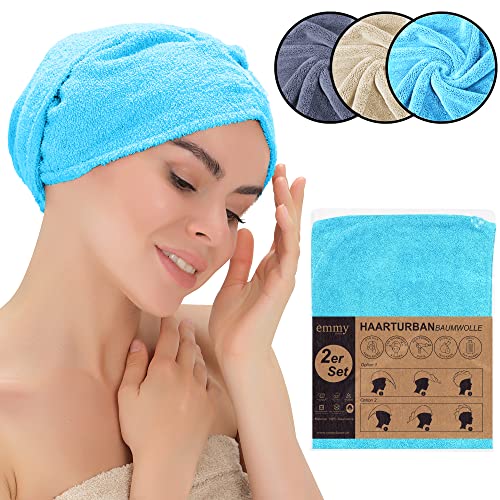Emmy Home Toalla turbante para el pelo, 100% algodón, 2 unidades, secado rápido, turbante con botón, toalla para cabeza y pelo largo, turbante (juego de 2 unidades), color azul