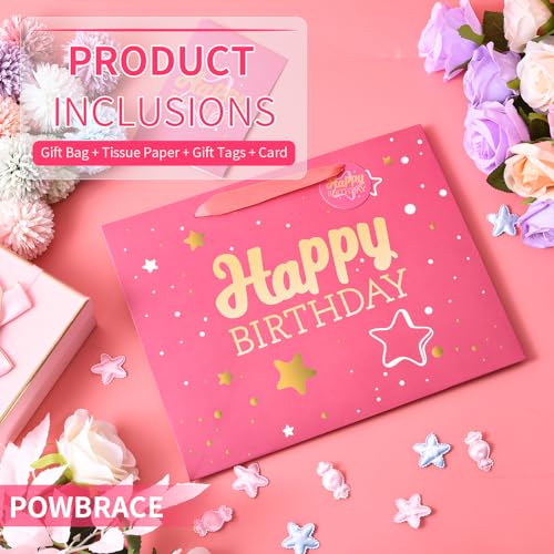 Image of Powbrace 13 inch Pink Happy Birthday Gift Bag with Tissue Paper and Greeting Card for Party,Happy Birthday Gift Bag for Men Women,Gift Bags Medium size(2 PCS Pink Hot Stamping)