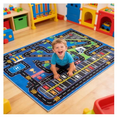Tapis de jeu pour voitures de course et circuits pour enfants - Tapis de chambre d'enfants antidérapant en tissu à poils courts, tapis de sol route de ville,...
