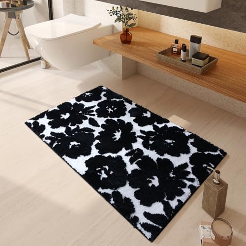 Civkor Black and White Bathroom Rug, Tufted Flower Bath Mat for Bathroom with Non Slip TPR Backing, Quick Dry Microfiber Surface, Soft and Super Water Absorbent Bath Rug, 31x20Inch
