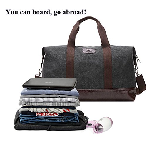 Classic Weekender Overnight Duffel Bag Canvas Leather Carry on Travel Tote (Black)