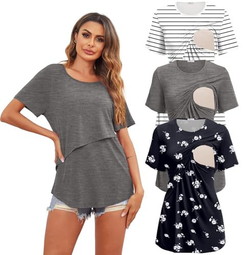 Image of Ekouaer Women's Maternity Shirts Short Sleeves Nursing Tops 3 Pack Double Laye Breastfeeding Tees Pregnancy Clothes S-XXL