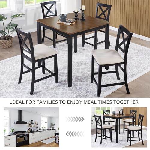 Image of Harper & Bright Designs Counter Height Dining Table Set 5-Piece for 4, Farmhouse Kitchen Table 34.5 inch Square with 4 X-Back Chairs, Black & Oak for Small Space