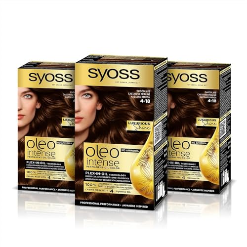 Syoss Oleo Intense - Tinte 4-18 Chocolate – Coloración permanente Sin Amoníaco – Cobertura profesional de canas – Resultados de peluquería (Pack De 3)