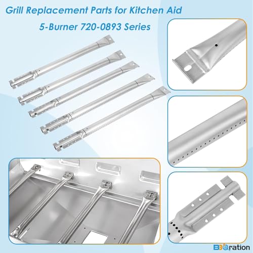 Image of Replacement Kit for Kitchen Aid 720-0893 720-0893A 720-0893D 720-0893G, 7MM Stainless Steel Cooking Grates, Burners and Heat Plates for Kitchenaid Grill Replacement Parts 5-Burner Gas Grill