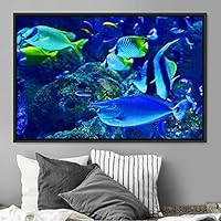 Framed Canvas Wall Art Jellyfish Floating Colorful Fish Group Marine Life Multicolor Nautical Photography Realism Ultra - 16x24 inches