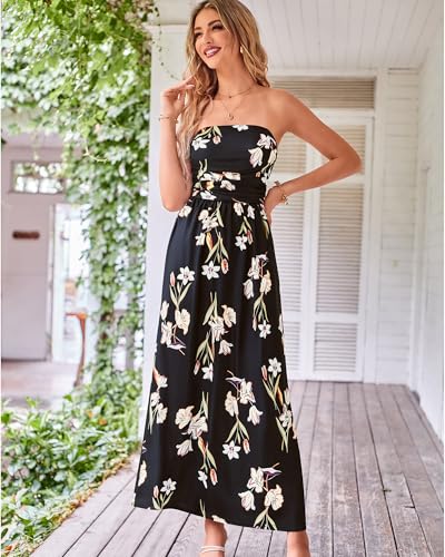 GRACE KARIN Women Strapless Dress Casual Loose Ruched Long Maxi Dress with Pockets2