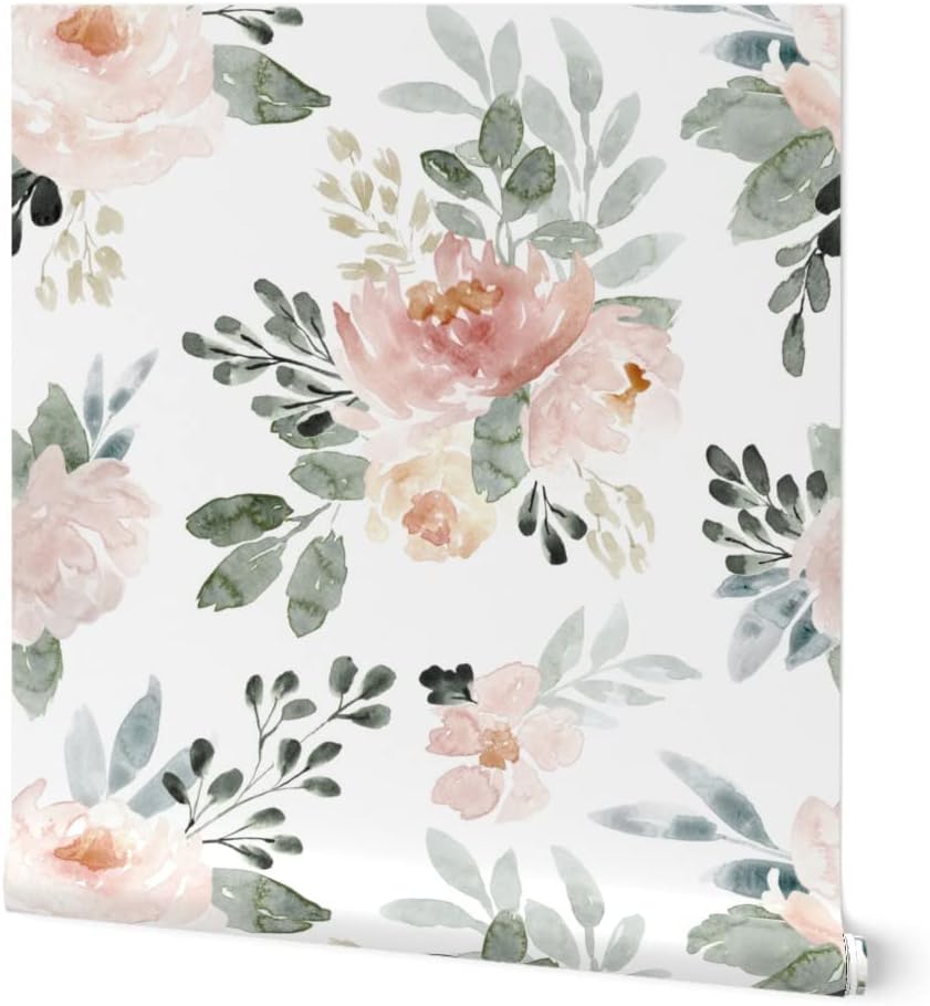 Peel & Stick Wallpaper 3ft x 2ft - Pink Green Flowers Floral Blossoms Spring White Extra Large Custom Removable Wallpaper by Spoonflower