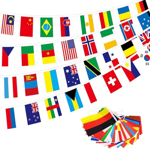 Flaggenkette 100 Länderflaggen Banner Weltflaggen 14 * 21cm, Dekorationen für Bar & Restaurant, Spiele, Weltmeisterschaft, Sportfeier (29 Meter)
