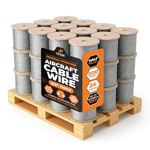 Image of Xpose Safety 3 /8 inch Galvanized Steel Aircraft Cable Wire - Pack of 24, 500 ft Reel, 7x19 Strand, 14,400 lb Break Strength - for Pulley System, Winch, Marine, Deck Railing, Fencing, Zipline