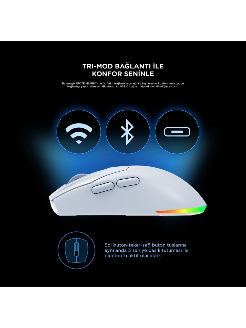 Rampage PROTE M5 PRO bezprzewodowa biała lampa LED RGB 26000 DPI 3395 czujnik do gier
