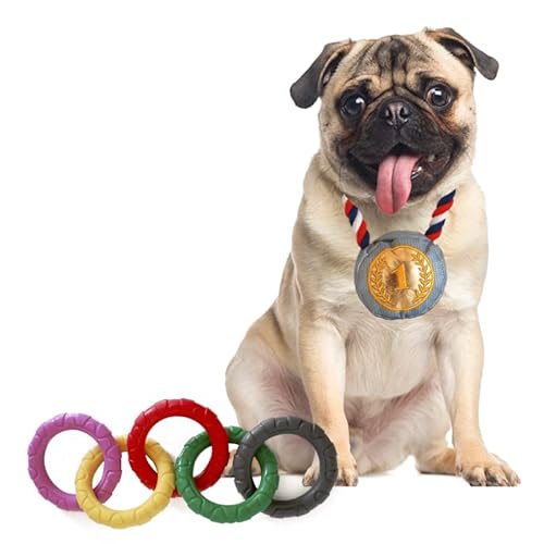 Patasbox - Modelo Olimpiadas - Pack de 2 Juguetes para Perros: Juguete Mordedor de Aros Olímpicos y Peluche Medalla de Oro - Repele los Malos Olores- Juguetes interactivos y Resistentes para tu Perro Cover