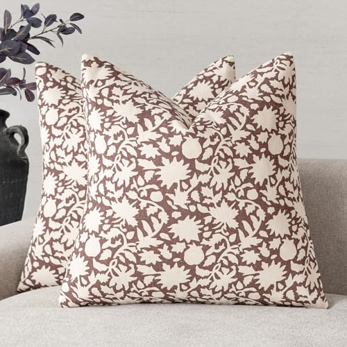 Image of Foindtower Set of 2 Decorative Neutral Floral Throw Pillow Covers Accent Farmhouse Cushion Covers Boho Vintage Pillowcase for Couch Sofa Bedroom Living Room Home Decor,18x18 Inch,Wine Red