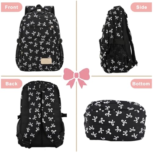 Image of PALAY 3PCS Sweet Stylish Girls Backpack Set with Bow Print, Cute Nylon School Backpack Shoulder Bag Zipper Pouch, Lightweight Casual Bookbag for School, Travel