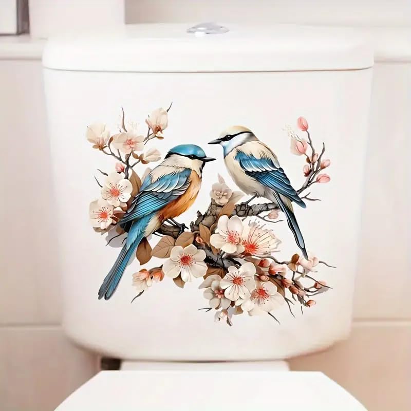 Floral Birds Scenery Toilet Cover Sticker Decals,Fish Bird Flower Leaf Waterproof Toilet Lid Tank Seat Decals Cistern Self-Adhesive Bathroom Wall Sticker