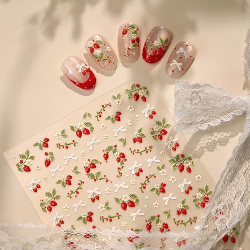 Image of Strawberry Nail Stickers Bow Nail Art Stickers with Jelly Design Cute Nail Decals for Nails Art 5D Embossed Spring Summer Self Adhesive Nails Charms Supply for Women Manicure DIY Decoration 1 Sheets
