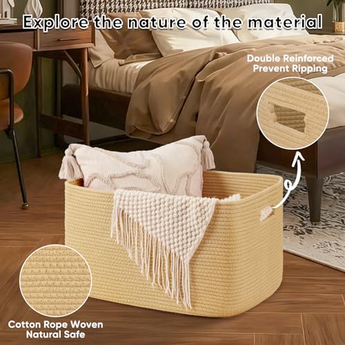 Image of OIAHOMY 75L Large Blanket Basket, Woven Cotton Rope Baskets for Organizing 22 inchx17 inchx12 inch, Blanket Basket living Room, Toy Storage Bins for Nursery, Yellow