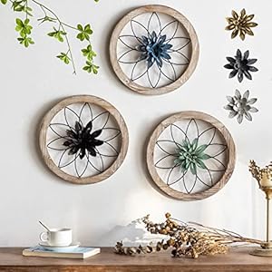 Paquesta 3 Piece Round Farmhouse Wall Decor with 6 Piece Interchangeable Flowers 12” Medallion Wood & Metal Rustic Wall Art for Living Room Bedroom Kitchen Bathroom Dining Room Home Decorations