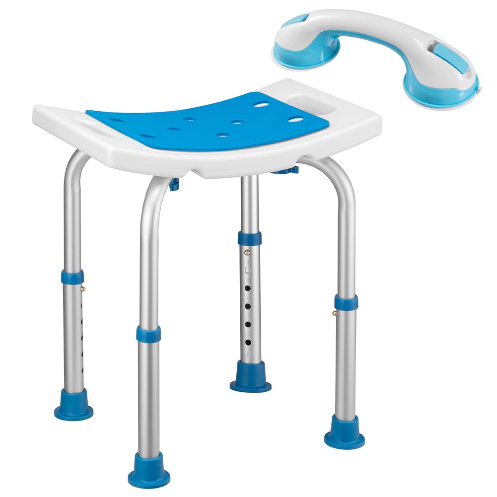 BAKAJI Taburete de baño de Aluminio, Altura Ajustable, Asiento de Ducha, Silla de baño para Personas Mayores, Patas de Goma Antideslizantes, soporta hasta 150 kg, Rectangular con asa Auxiliar