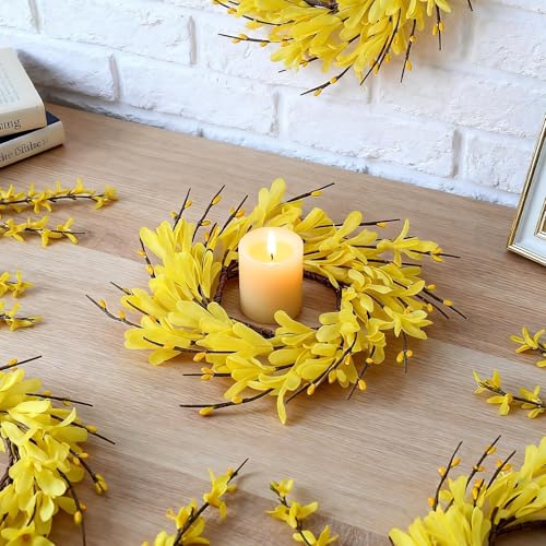 Image of 6 PCS Spring Forsythia Wreath Candle Rings Artificial Forsythia Farmhouse Candle Rings Pillar Holder Wreath Mini Spring Summer Floral Candle Rings for Rustic Wedding Home Table Centerpiece Decor