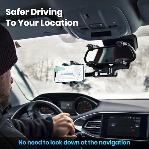 Image of IPOW Large Rearview Mirror Smartphone Holder for Car 360Rotatable and Retractable, 2023 Upgraded Four Corners Fixed Anti-Shake Multifunctional Design for Car Rearview Mirror with Button