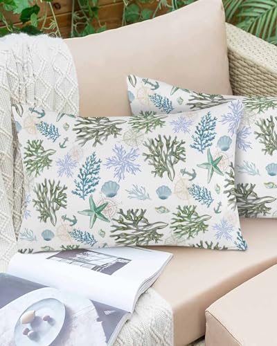 Boanket Lumbar Pillow Covers 12 x 20 in, Sage Green Teal Coastal Waterproof Throw Pillow Cover Set of 2, Beach Coral Starfish Nautical Home Decorative Rectangle Cushion Covers for Patio/Couch/Garden