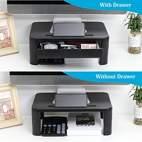 LORYERGO Monitor Riser Stand - Built with Storage Drawer, 3 Height Adjustable Monitor Stand for Computer, Laptop, Screen, Desktop Stand with Phone & Tablet Holder