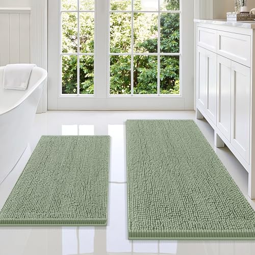 Image of Smiry Bathroom Rugs Sets 2 Piece, Soft Absorbent Chenille Machine Washable Non Slip Shaggy Bath Rug Set for Tub, Shower, and Floor (47x20+30x20, Sage Green)