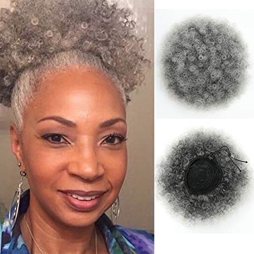 THEMIS HAIR Afro Puff Drawstring Ponytail For Black Women, High Puff Drawstring Short Ponytail Bun For Natural Hair, Afro Kinky Curly Ponytail Hairpieces With Clip In Color Smoky Gray